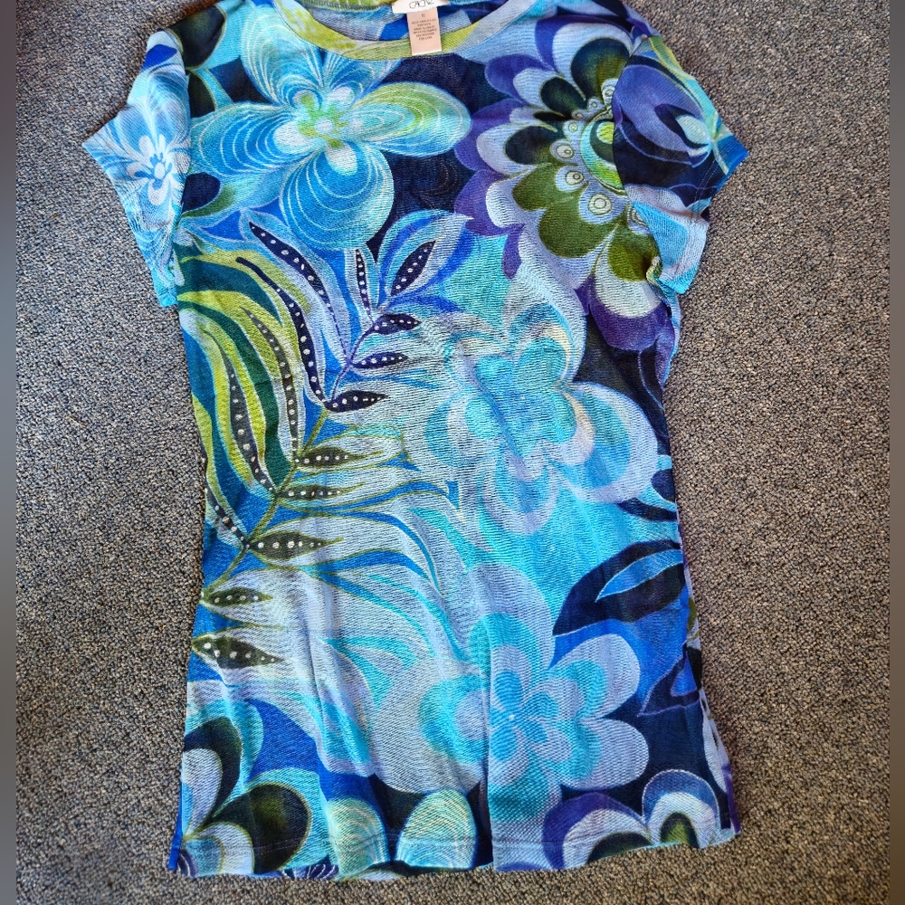 Cache Medium Blue and Green Floral Short Sleeve Top
